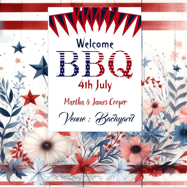 Poster Boas-vindas 4 de julho Partido CHURRASCO Vermelho  (Welcome 4th July BBQ Party Red Blue Poster)