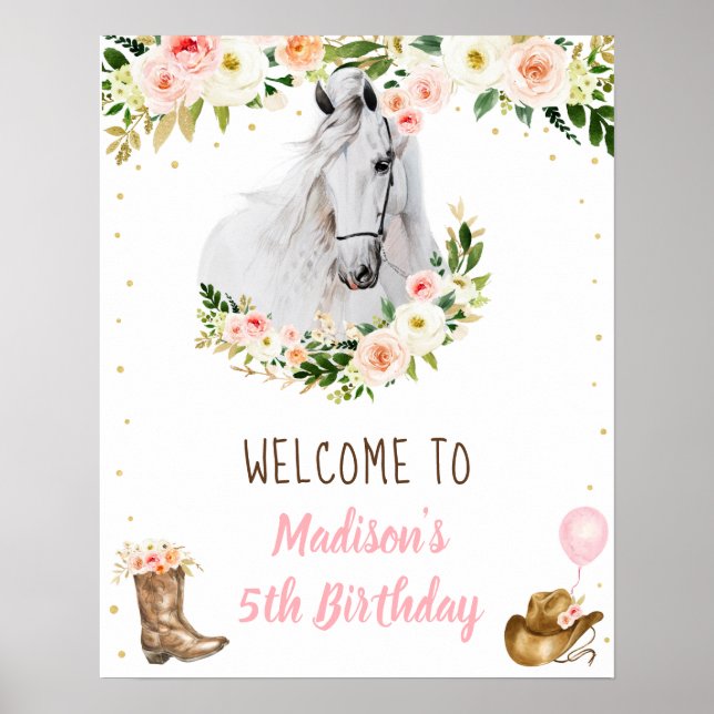 Poster Boas-vindas a Cowgirl Horse Pony Floral Birthday (Frente)