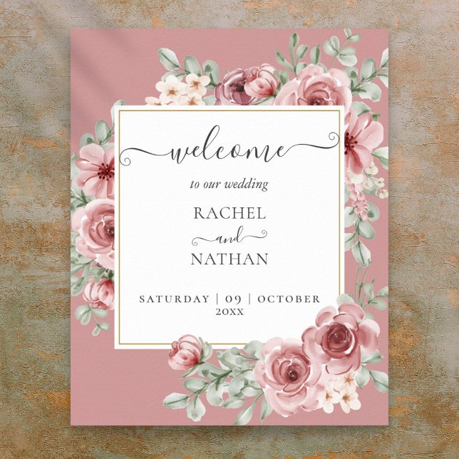 Poster Boas-vindas a Dusty Rosa Floral Botânica (Dusty Rose Floral Botanical Wedding Welcome Poster)