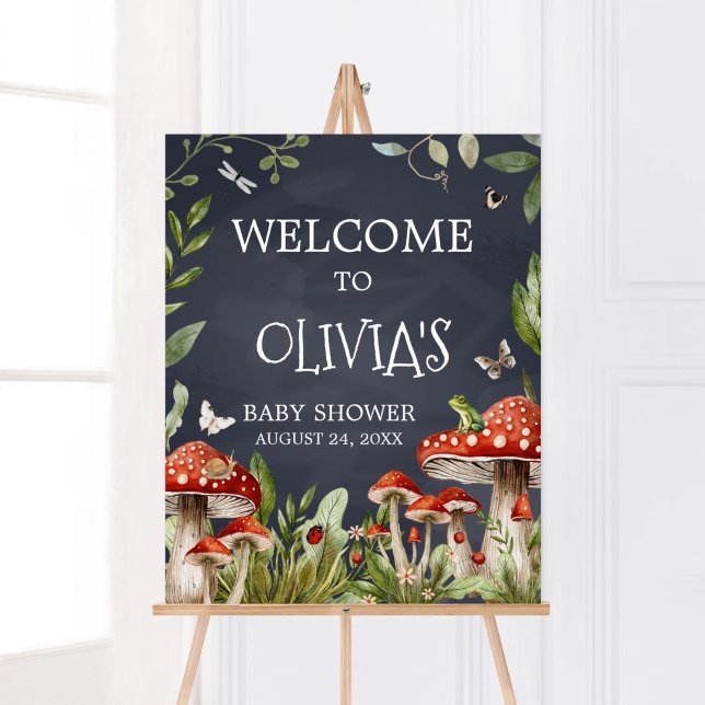 Poster Boas-vindas à Floresta Encantada Branca (Rustic Mushroom Baby Shower Welcome Sign)