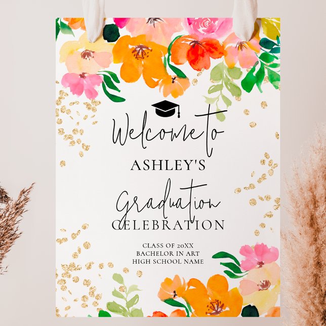 Poster Boas-vindas à graduação botânica floral com brilho (Gold glitter floral botanical graduation welcome poster)