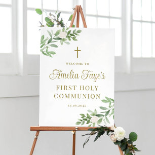 Poster Boas-vindas à Primeira Comunhão com Flores Brancas