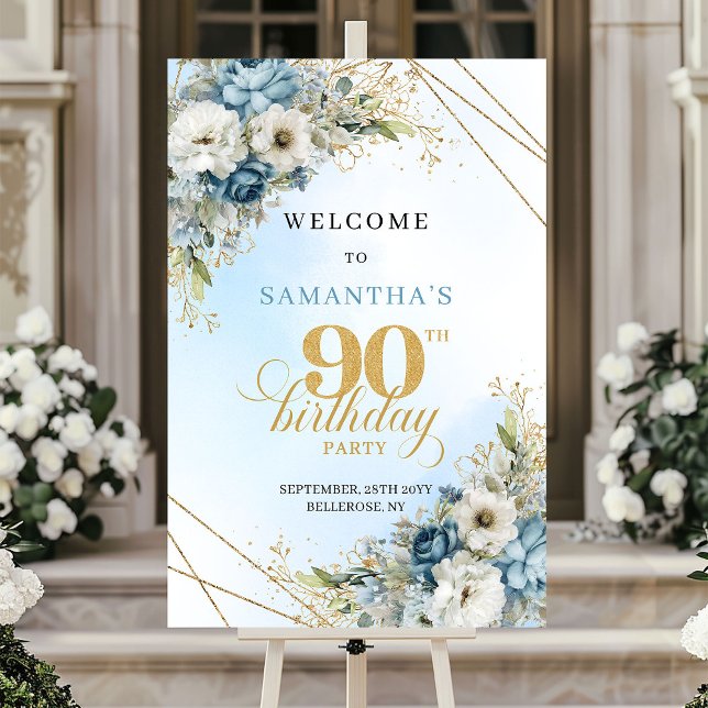 Poster Boas-vindas alegres em Boho azul empoeirado dourad (Joyful Boho dusty blue gold 90th birthday welcome)