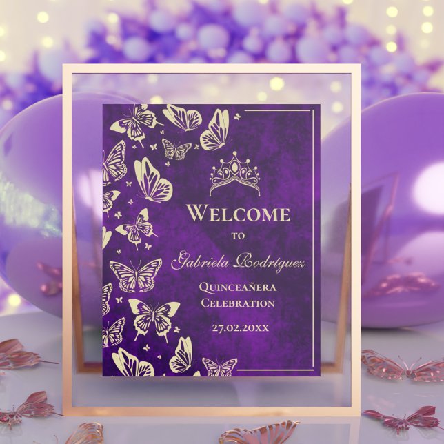 Poster Boas-vindas ao 15 Roxo Quinceañera (Purple Gold 15th Birthday Quinceañera Welcome Poster)