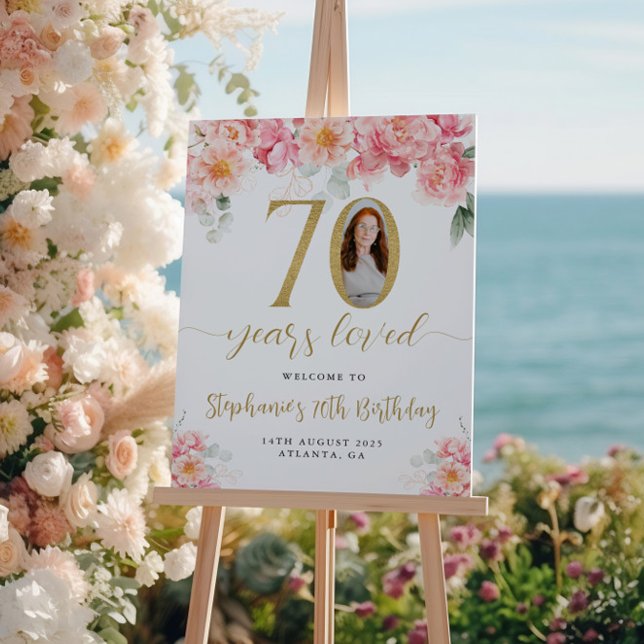Pôster Boas-vindas ao 70 de Foto Floral, rosa e Dourada (Criador carregado)