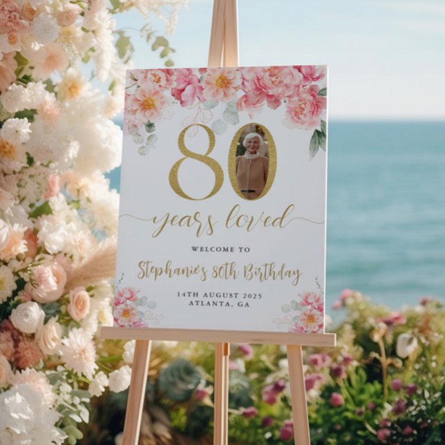 Pôster Boas-vindas ao 80 de Foto Floral Rosa E Dourada (Criador carregado)