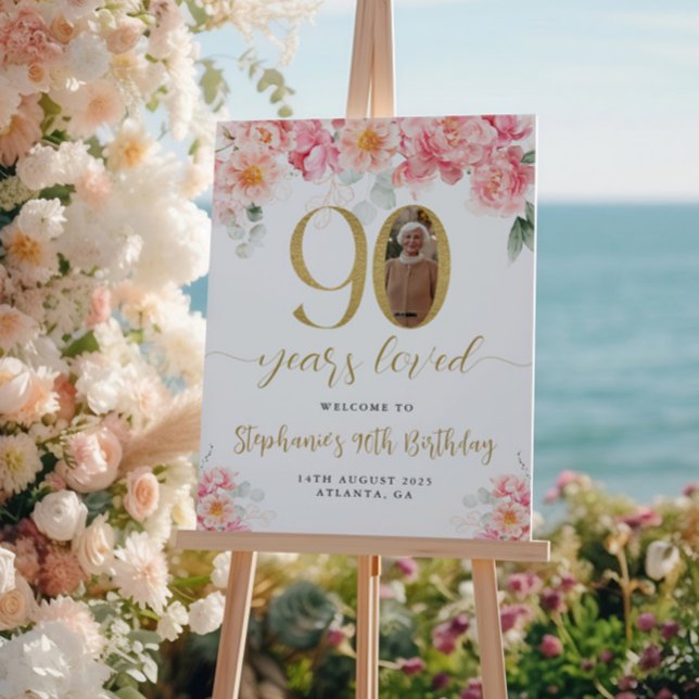 Pôster Boas-vindas ao 90 de Foto Floral Rosa E Dourada (Criador carregado)