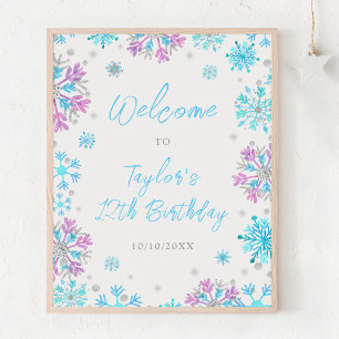 Poster Boas-vindas ao Aniversário de Flocos de Neve Roxos