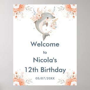 Poster Boas-vindas ao aniversário do golfinho floral fofo