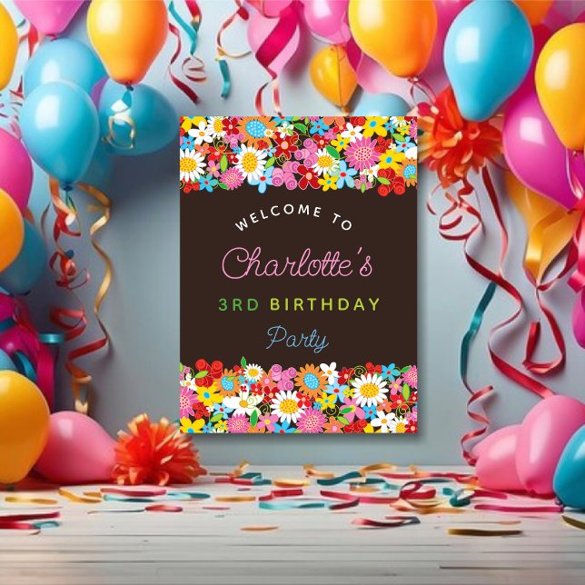 Poster Boas-vindas ao Aniversário do Jardim das Flores da (Colorful Whimsical Spring Flowers Garden Girl's Birthday Party Welcome Poster @ fat_fa_tin)