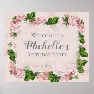 Poster Boas-vindas ao Aniversário Floral de Vintage Rosa