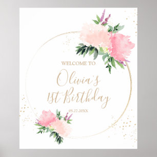 Poster Boas-vindas ao Aniversário Floral Rosa Dourado