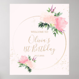 Poster Boas-vindas ao Aniversário Floral Rosa Dourado