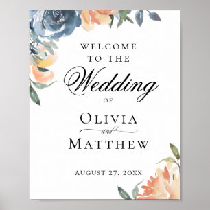 Poster Boas-vindas ao Casamento Botânico Azul Peach Elega