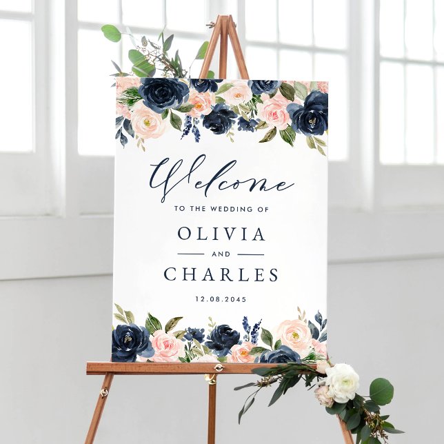 Poster Boas-vindas ao Casamento com Blush e Flores de Mar (Customizable floral wedding welcome sign featuring watercolor blush pink and navy blue flowers)