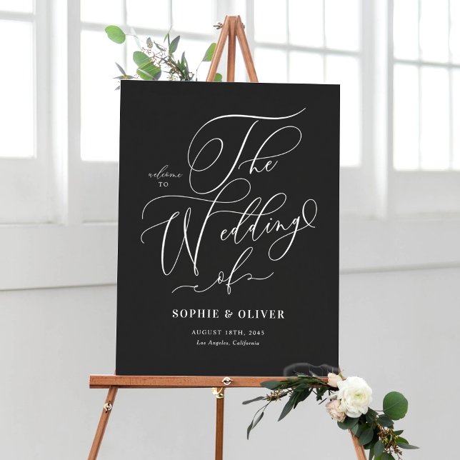 Poster Boas-vindas ao Casamento da Caligrafia Branca Negr (Customizable Black and White Whimsical Calligraphy Wedding Welcome Sign)