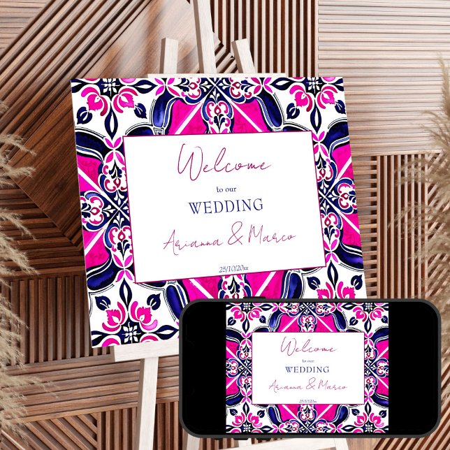 Poster Boas-vindas ao casamento de azulejos espanhóis Tal (Pink blue Spanish Talavera Mexican tiles wedding welcome sign Poster editable template download)