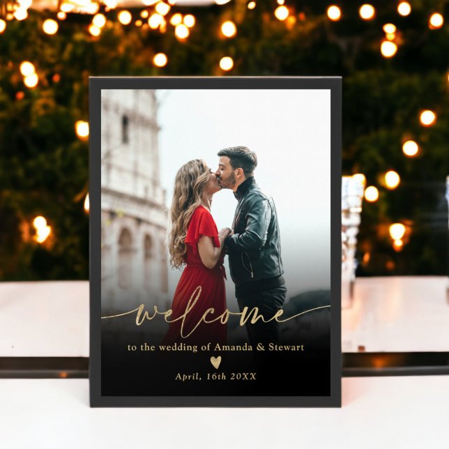 Poster Boas-vindas ao casamento de fotos preto minimalist (Simple minimalist black gold photo wedding welcome poster)
