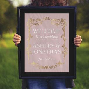 Poster Boas-vindas ao Casamento de Frame de Rosas Dourado