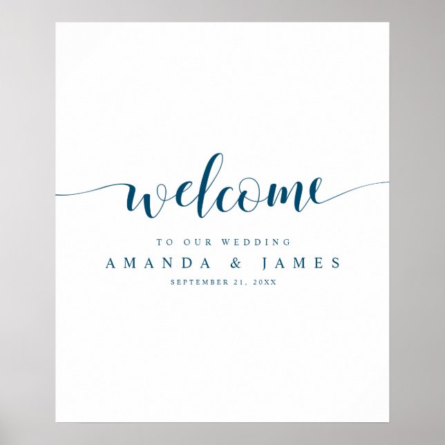 Poster Boas-vindas ao casamento de script azul simples (Frente)