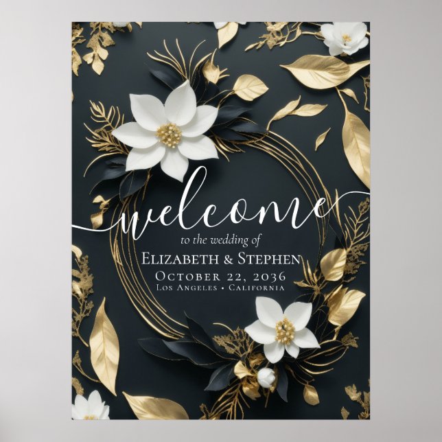Poster Boas-vindas ao casamento Dourado Floral Branco Neg (Frente)