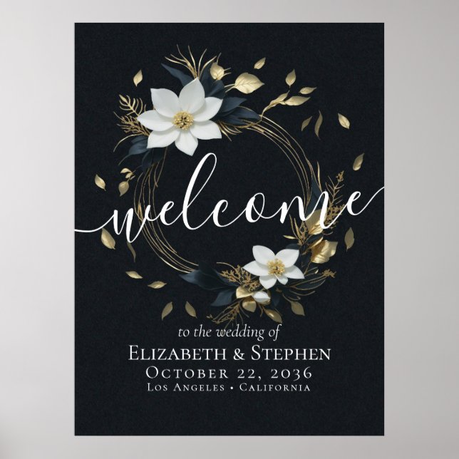 Poster Boas-vindas ao casamento Dourado Floral Branco Neg (Frente)
