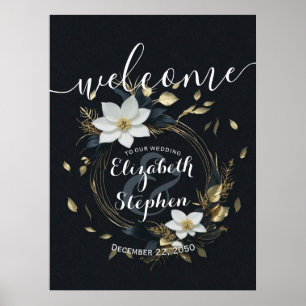 Poster Boas-vindas ao casamento Dourado Floral Branco Neg