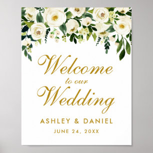 Poster Boas-vindas ao Casamento Dourado Verde Floral de W