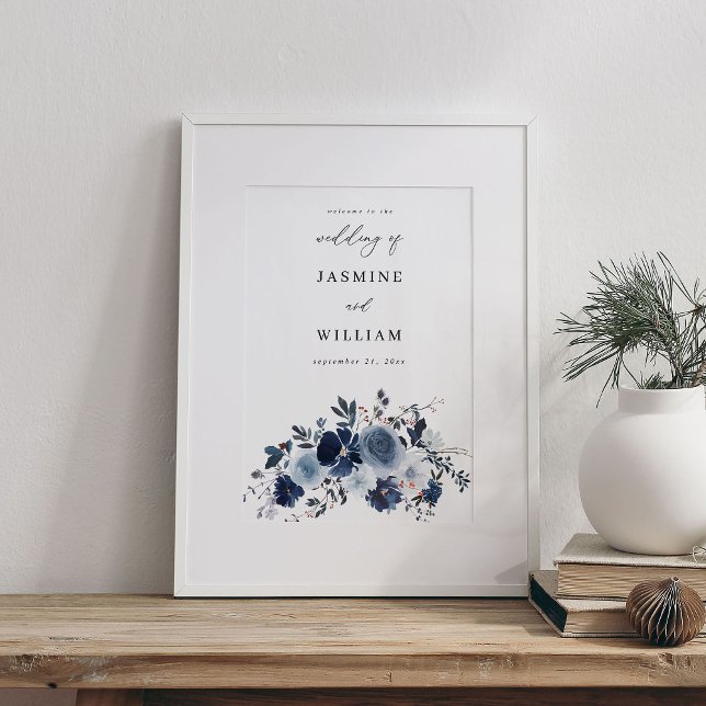 Poster Boas-vindas ao Casamento Floral Azul e Marinho (Criador carregado)