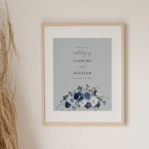 Poster Boas-vindas ao Casamento Floral Azul e Marinho - C