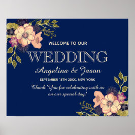 Poster Boas-vindas ao Casamento Floral Azul Marinho