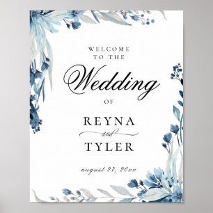 Poster Boas-vindas ao Casamento Floral Botânico Azul Ele