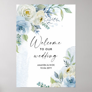 Poster Boas-vindas ao Casamento Floral Branco e Azul