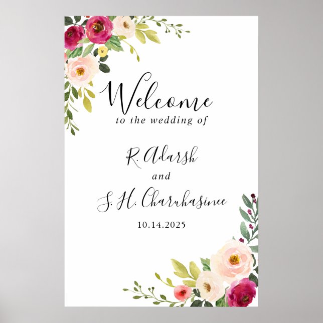 Poster Boas-vindas ao Casamento Floral Cinza Verde (Frente)