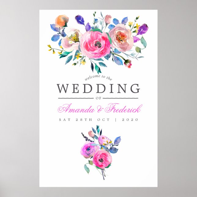 Poster Boas-vindas ao Casamento Floral de Aquarela Rosa Q (Frente)