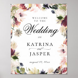 Poster Boas-vindas ao Casamento Floral de Blush Plum