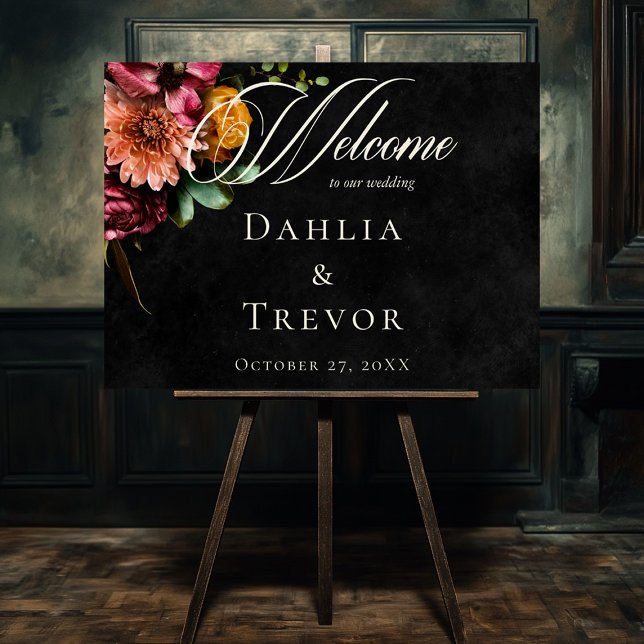 Poster Boas-vindas ao Casamento Floral de outono do Escur (Dark Elegant Autumn Floral Wedding Welcome Poster)