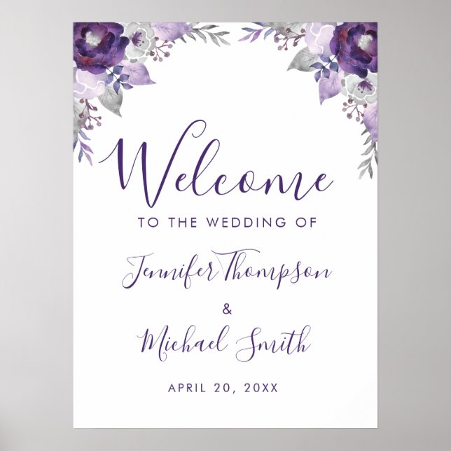 Poster Boas-vindas ao Casamento Floral de Purple & Silver (Frente)