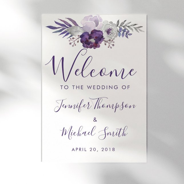 Poster Boas-vindas ao Casamento Floral de Purple & Silver (Purple & Silver Watercolor Floral Wedding Welcome Poster)