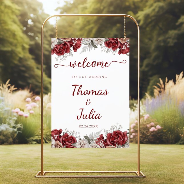 Poster Boas-vindas ao Casamento Floral de Silver Watercol (Burgundy Silver Watercolor Floral Wedding Welcome Poster)