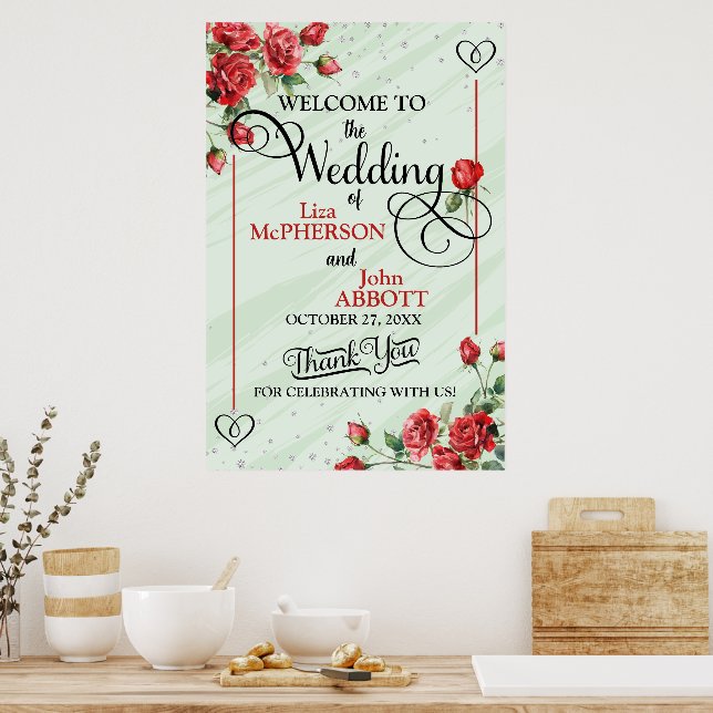 Poster Boas-vindas ao Casamento Floral do bonito Rosa ver (Cozinha)
