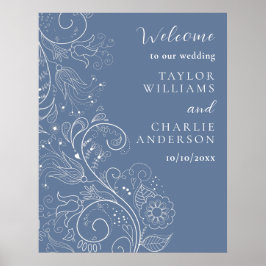 Poster Boas-vindas ao Casamento Floral Elegante Azul Dust
