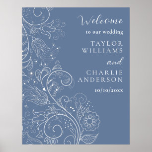 Poster Boas-vindas ao Casamento Floral Elegante Azul Dust