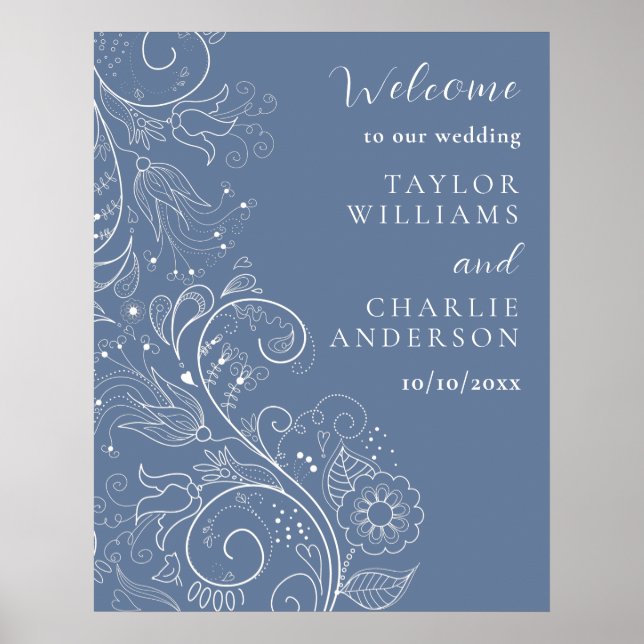 Poster Boas-vindas ao Casamento Floral Elegante Azul Dust (Frente)