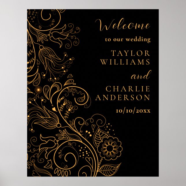 Poster Boas-vindas ao Casamento Floral Elegante Dourado e (Frente)