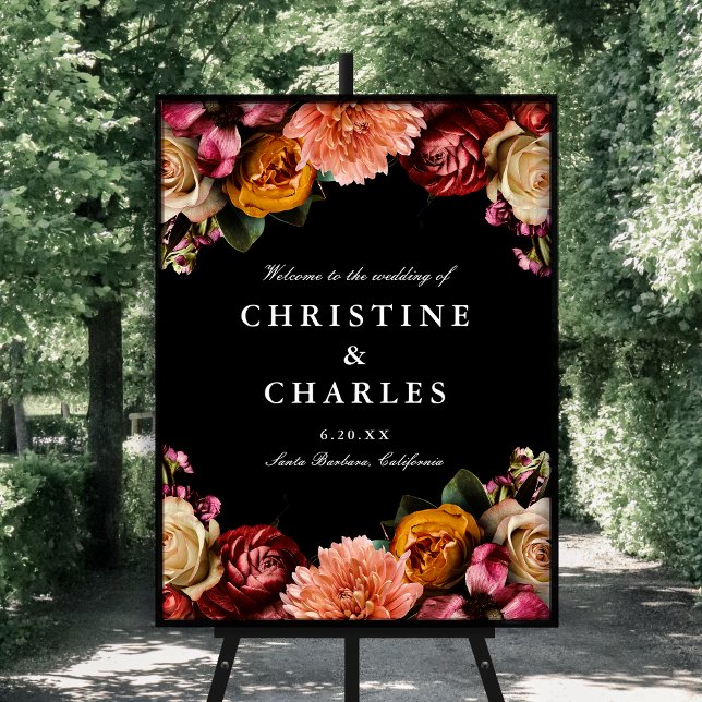 Poster Boas-vindas ao Casamento Floral Elegante Escuro +  (Criador carregado)