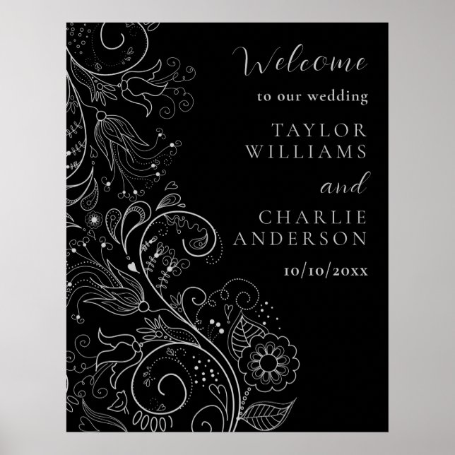 Poster Boas-vindas ao Casamento Floral Elegante Negra (Frente)