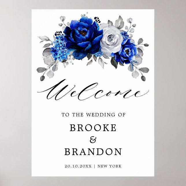 Poster Boas-vindas ao Casamento Floral Real Blue Silver W (Frente)