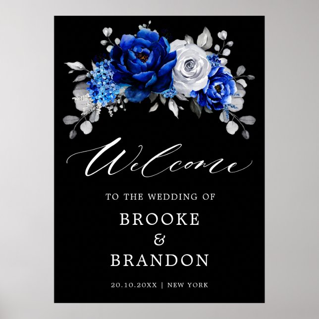 Poster Boas-vindas ao Casamento Floral Real Blue Silver W (Frente)