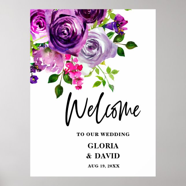 Poster Boas-vindas ao Casamento Floral Romântico Roxo (Frente)